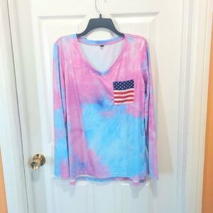 Ouges Tie Dye Shirt Americana Pocket Patriotic 4th of July Summer Top